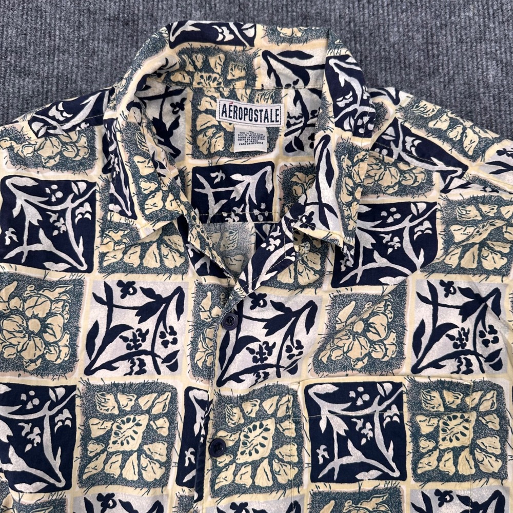 90s Aeropostale Button Down Shirt Mens XL Floral Geometric Print Blue Tan Casual